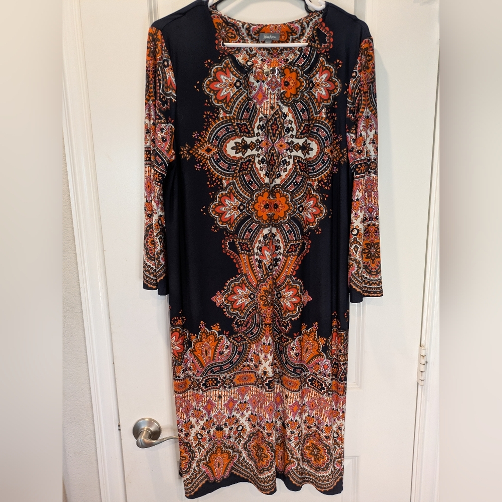 Neiman Marcus Black Long-Sleeve Paisley Maxi Dress with Orange Accents